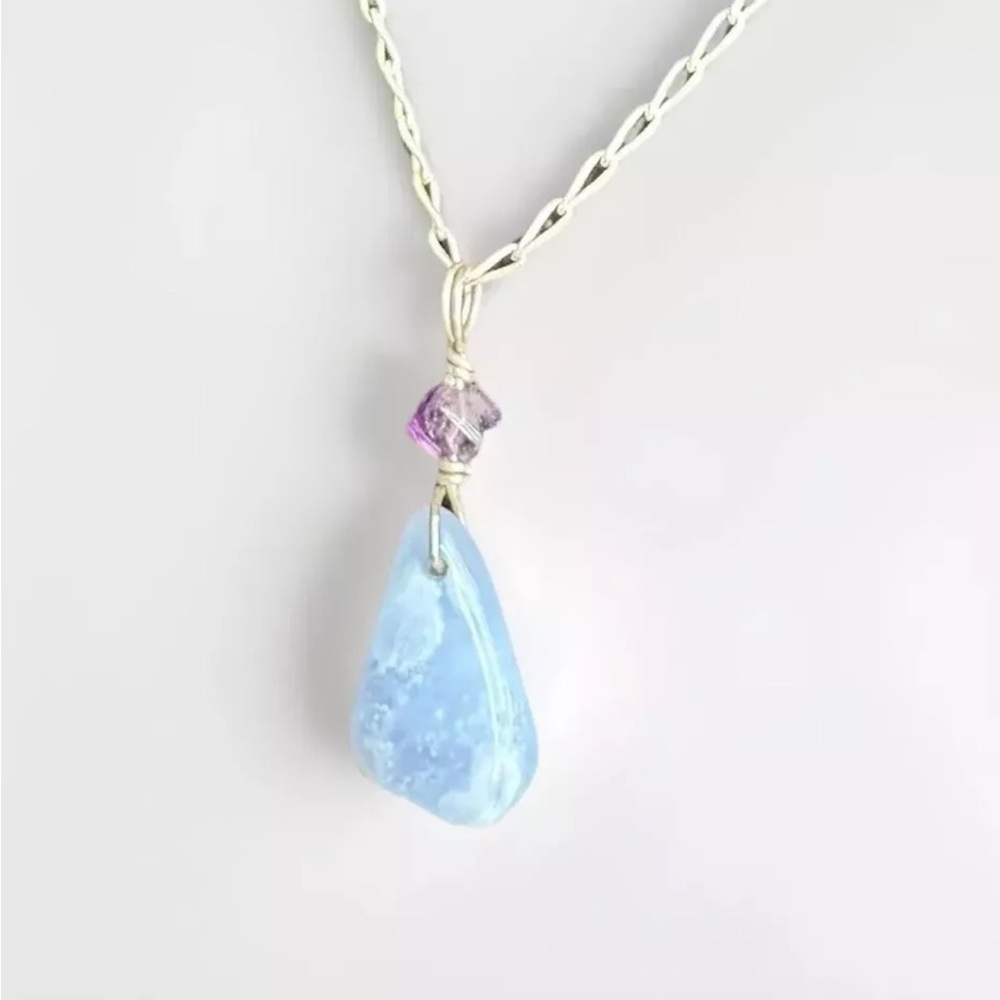 Blue Chalcedony Pendant on Italian‎ Made 925 Sterling Silver Chain